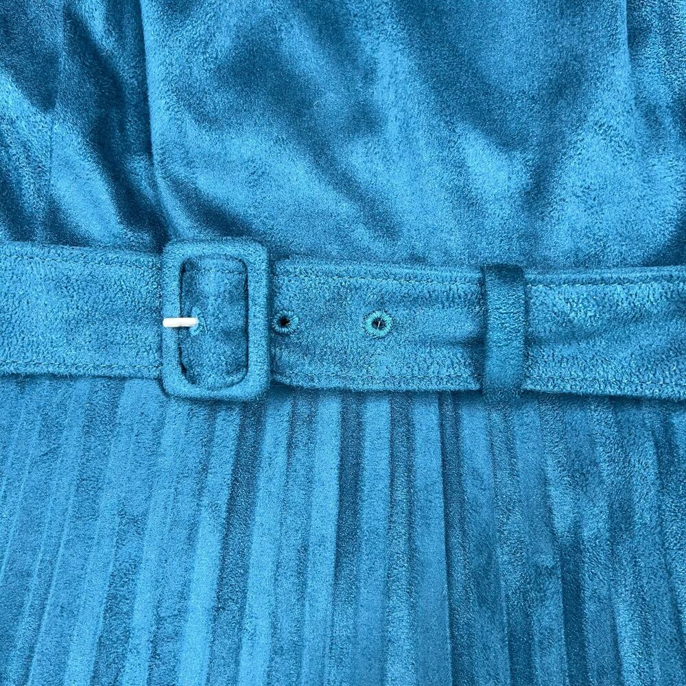 Ann Taylor Faux Suede Pleated Midi Dress 14P Teal Belted Wedding Guest NWT Party - Picture 4 of 13
